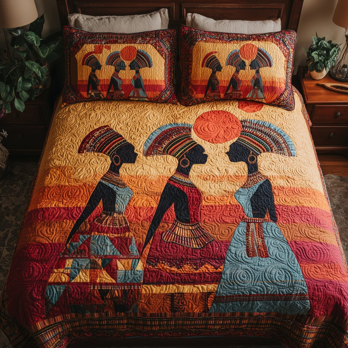 Strong Maidens quilted 3-piece bedding set on a made bed with two matching pillow shams
