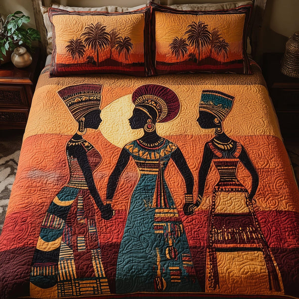 Strong Maidens quilted 3-piece bedding set on a made bed with two matching pillow shams