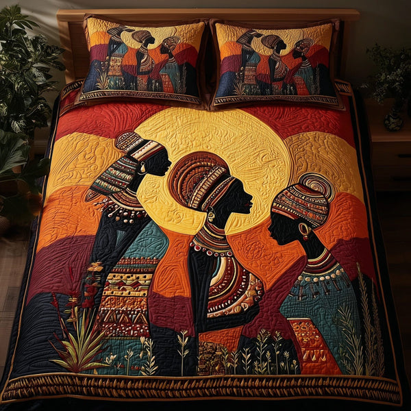Strong Maidens quilted 3-piece bedding set on a made bed with two matching pillow shams