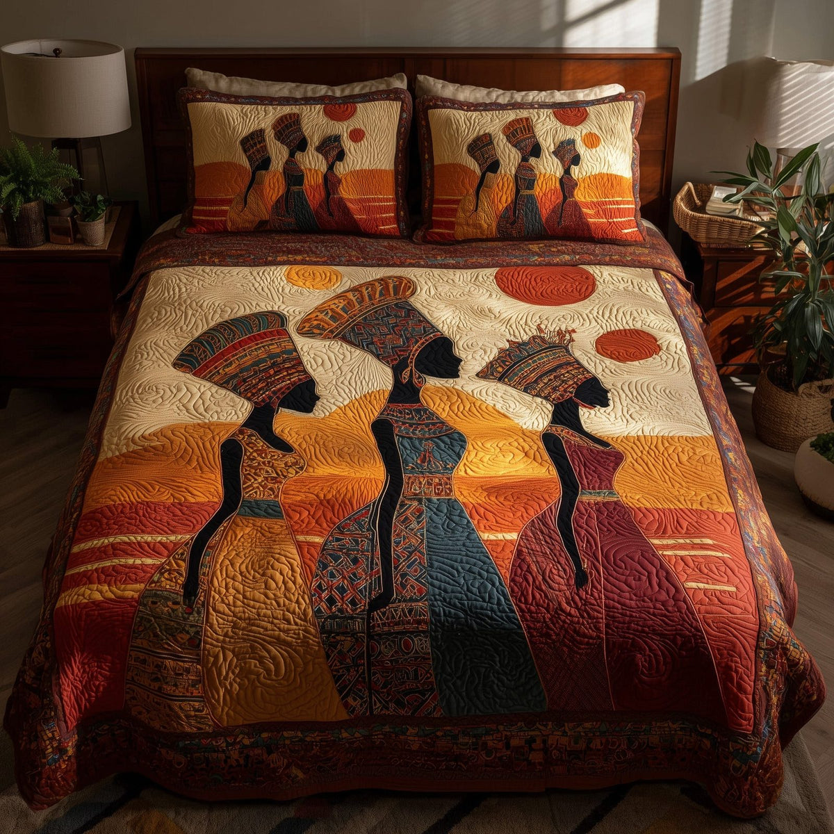 Strong Maidens quilted 3-piece bedding set on a made bed with two matching pillow shams