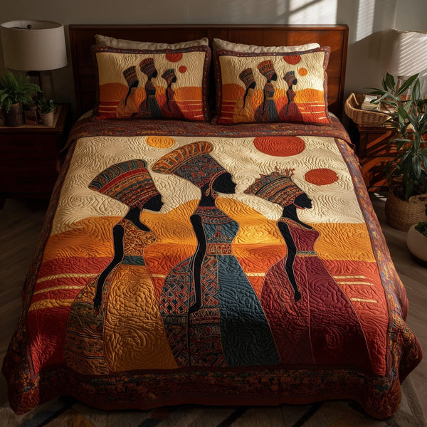 Strong Maidens quilted 3-piece bedding set on a made bed with two matching pillow shams