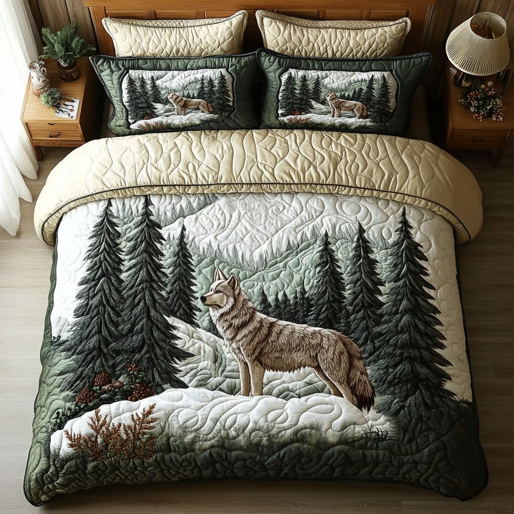 Strong Wolf quilted 3-piece bedding set on a made bed with two matching pillow shams