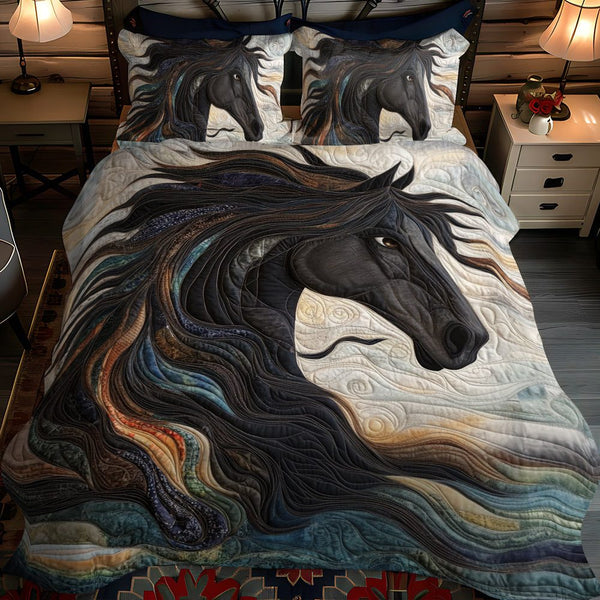 Stunning Horse Equestrian quilted 3-piece bedding set on a made bed in a rustic timber bedroom