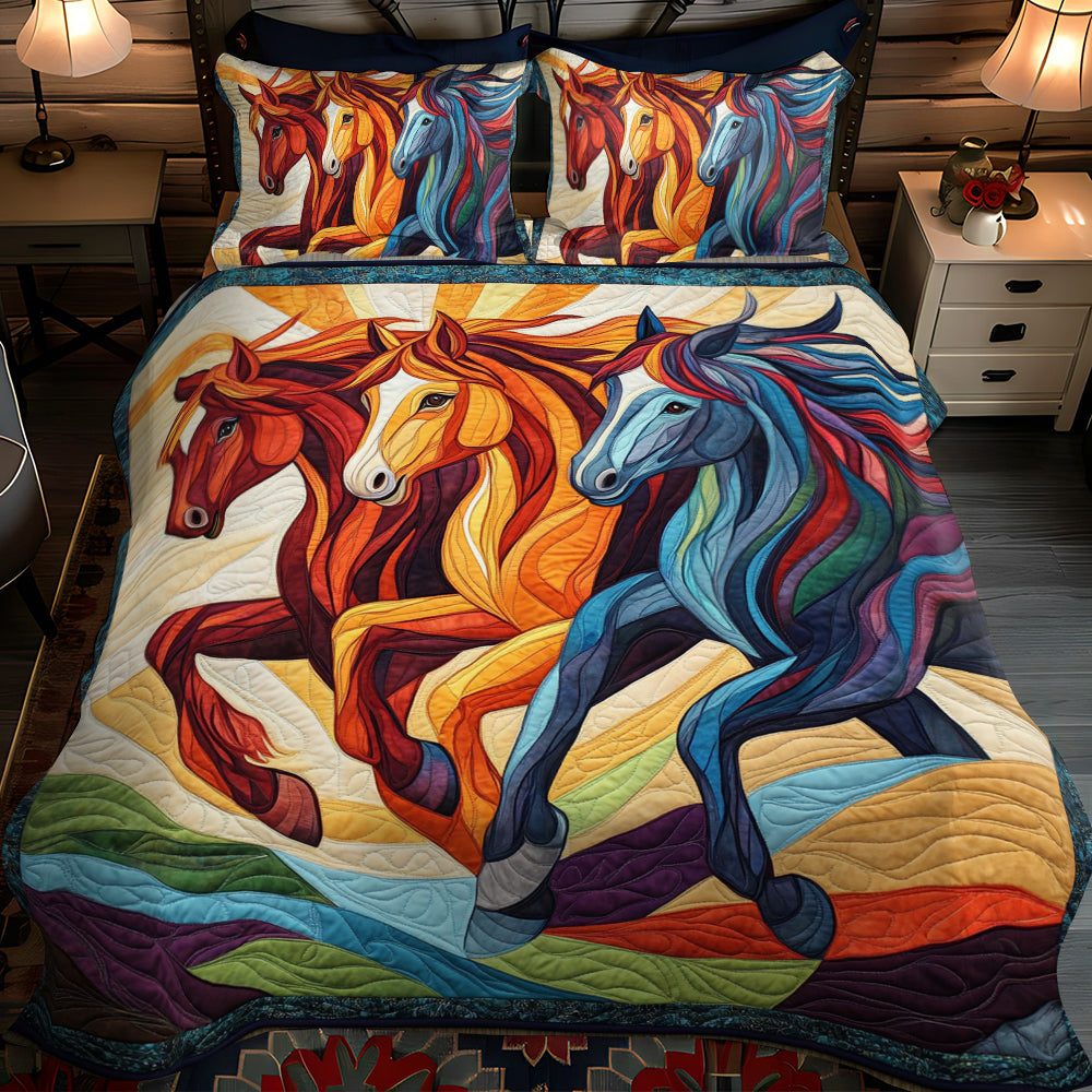 Stunning Horse Equestrian quilted 3-piece bedding set on a made bed in a rustic timber bedroom