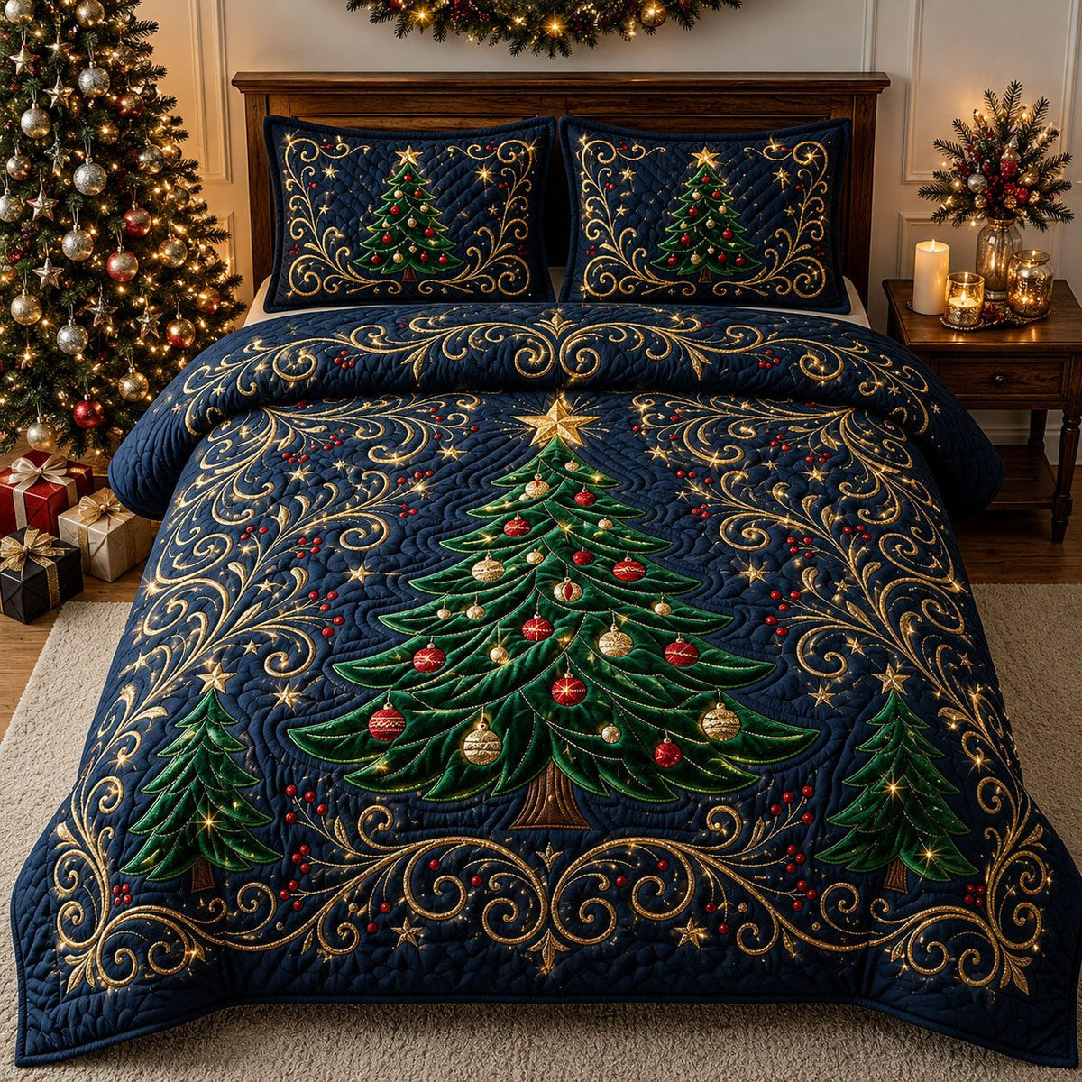 Stunning Tree quilted 3-piece bedding set on a made bed with two matching pillow shams