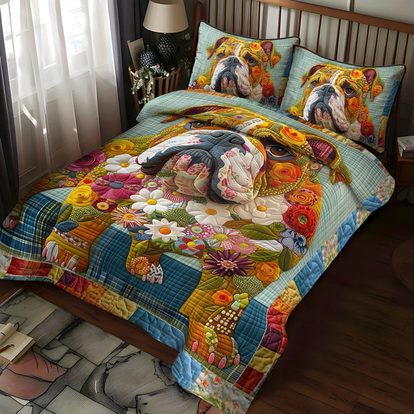 Sturdy Bulldog Strenght quilted 3-piece bedding set on a made bed with two matching pillow shams