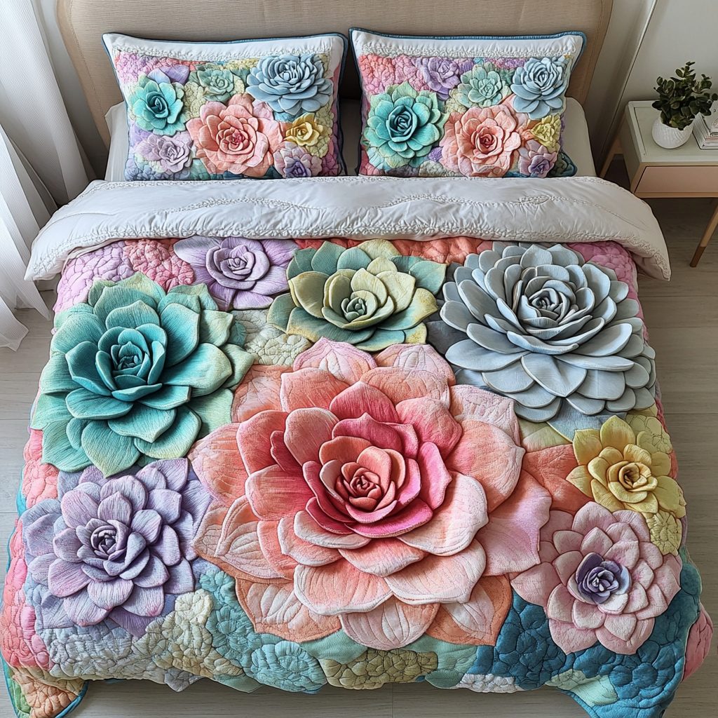 Succulent Bliss quilted 3-piece bedding set on a made bed with two matching pillow shams