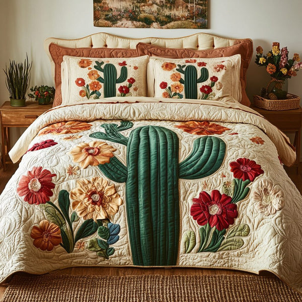 Succulent Blossom quilted 3-piece bedding set on a made bed with two matching pillow shams