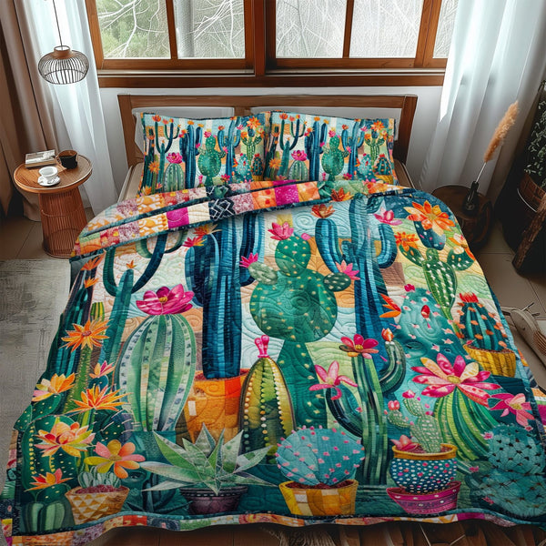 Succulent Cactus Garden quilted 3-piece bedding set on a made bed with two matching pillow shams