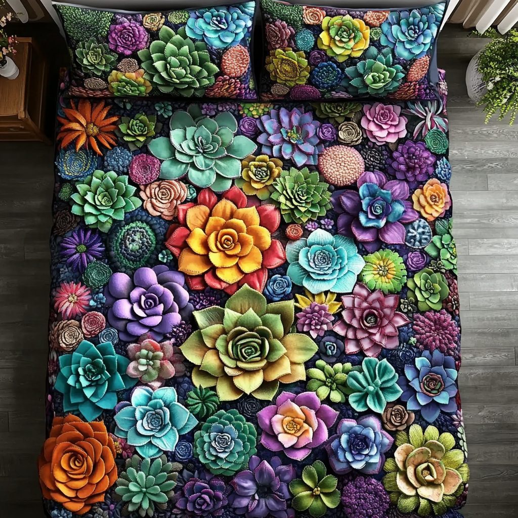 Succulent Dreams quilted 3-piece bedding set on a made bed with two matching pillow shams