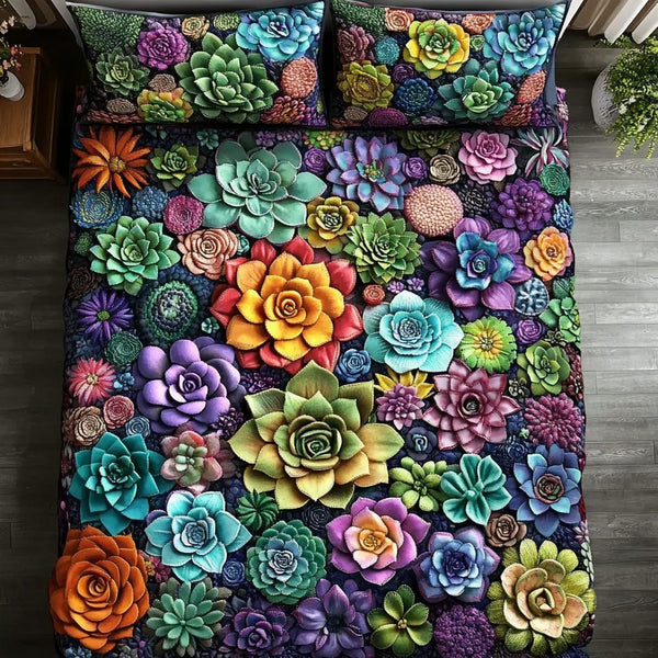Succulent Dreams quilted 3-piece bedding set on a made bed with two matching pillow shams