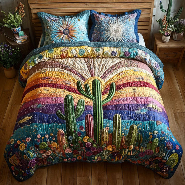 Succulent Escape quilted 3-piece bedding set on a made bed with two matching pillow shams