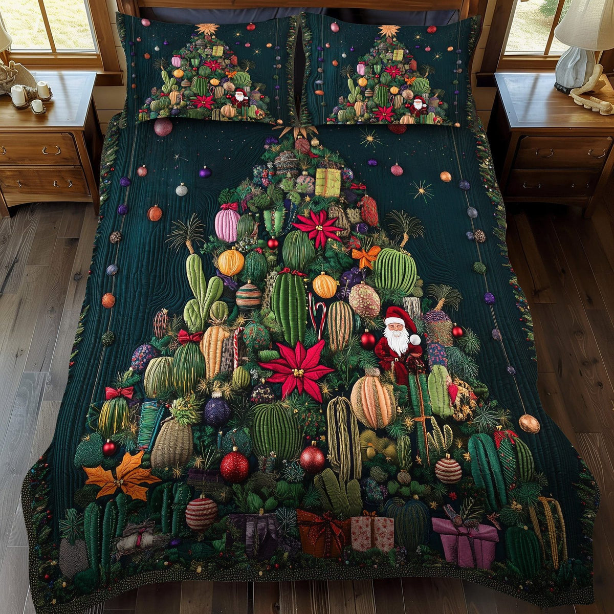 Succulent Haven quilted 3-piece bedding set on a made bed with two matching pillow shams