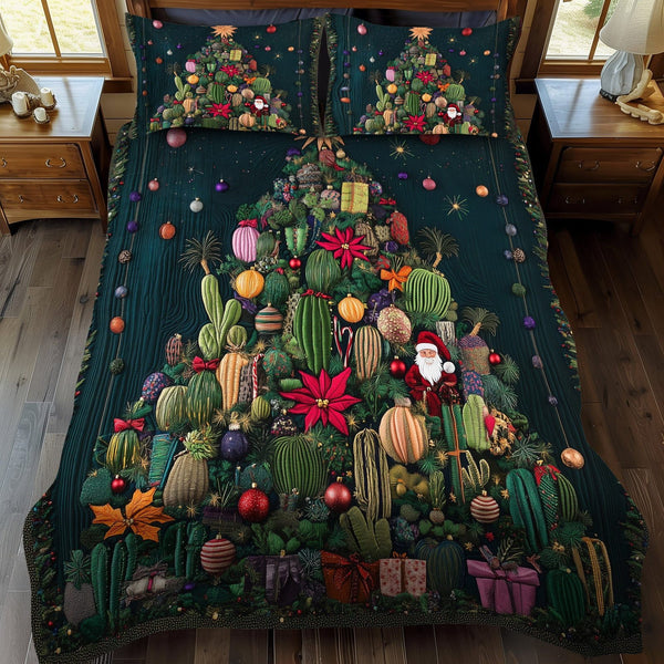 Succulent Haven quilted 3-piece bedding set on a made bed with two matching pillow shams