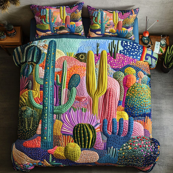 Succulent Serenity quilted 3-piece bedding set on a made bed with two matching pillow shams
