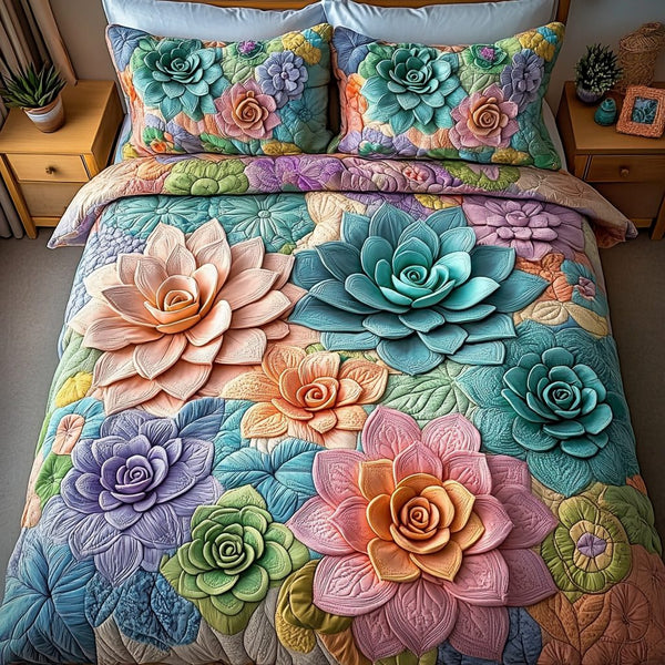 Succulent Serenity quilted 3-piece bedding set on a made bed with two matching pillow shams