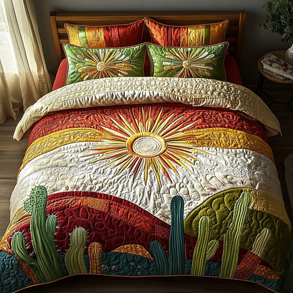 Succulent Serenity quilted 3-piece bedding set on a made bed with two matching pillow shams