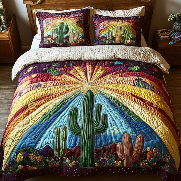 Succulent Snuggle quilted 3-piece bedding set on a made bed with two matching pillow shams