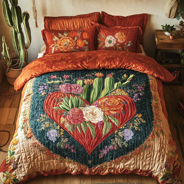 Succulent Soul quilted 3-piece bedding set on a made bed with two matching pillow shams
