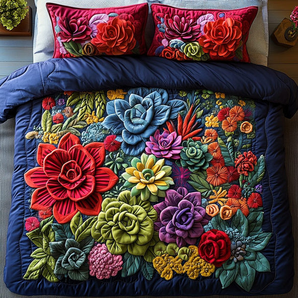 Succulent Soulscape quilted 3-piece bedding set on a made bed with two matching pillow shams