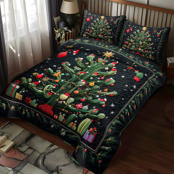 Succulent Splendor quilted 3-piece bedding set on a made bed with two matching pillow shams