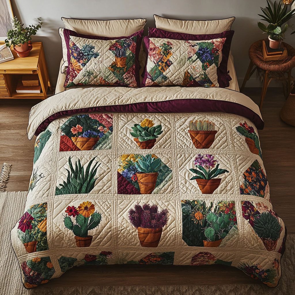 Succulent Sprout quilted 3-piece bedding set on a made bed with two matching pillow shams