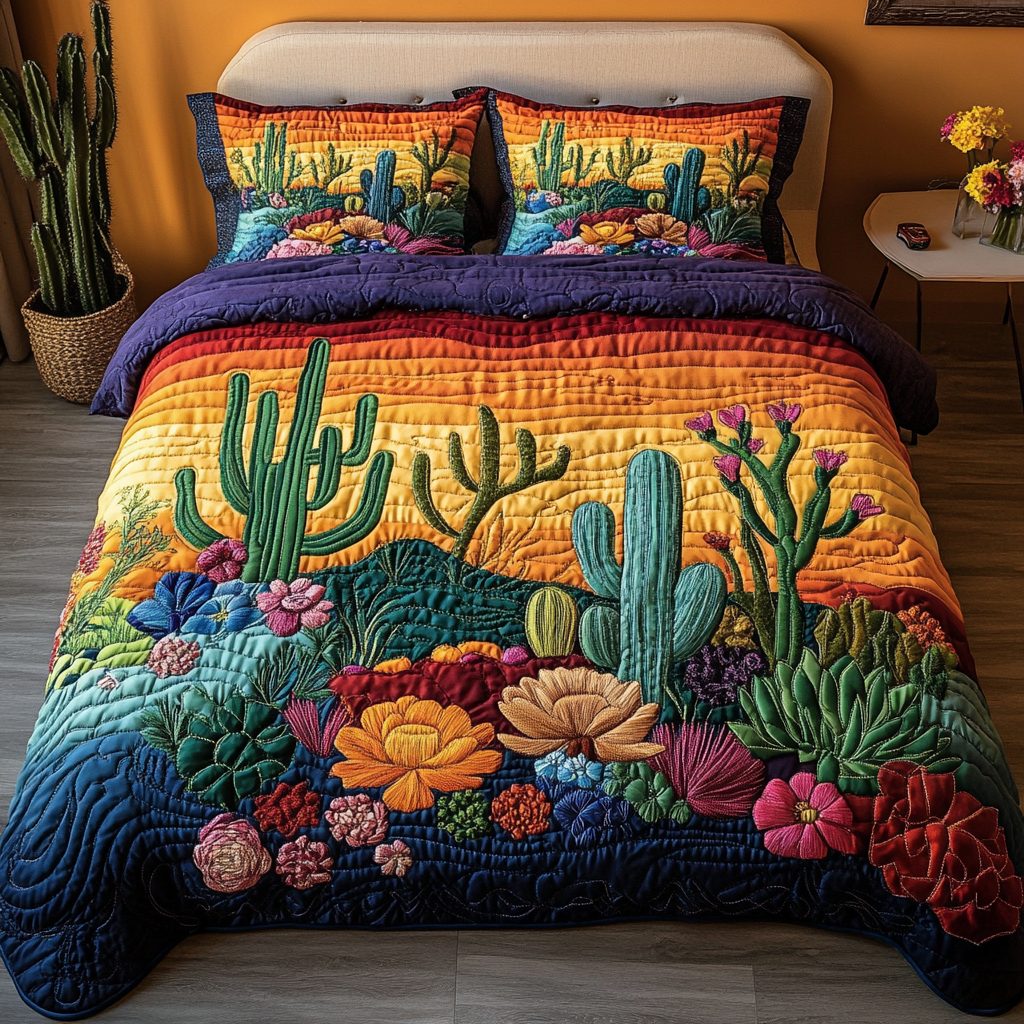 Succulent Sunrise quilted 3-piece bedding set on a made bed with two matching pillow shams