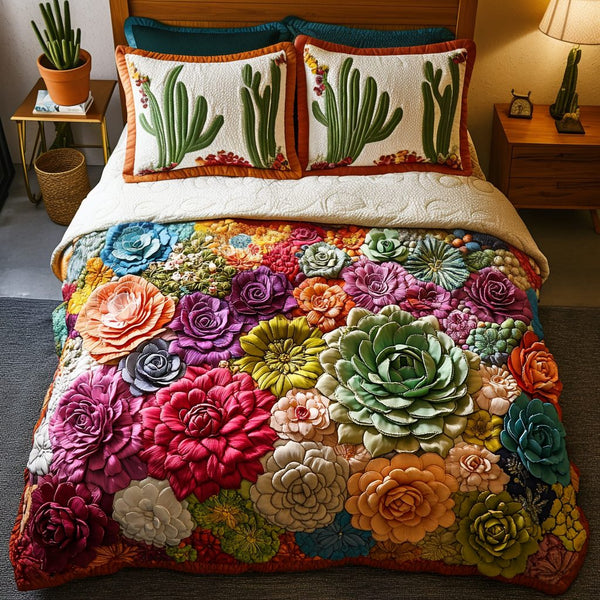 Succulent Symphony quilted 3-piece bedding set on a made bed with two matching pillow shams