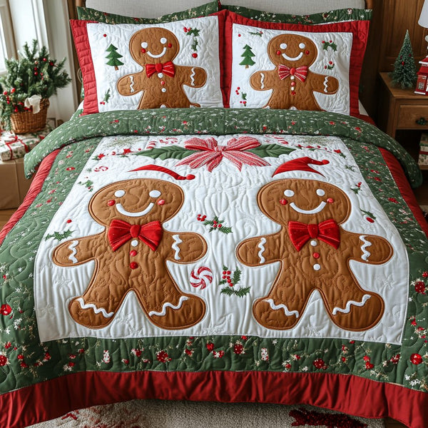 Sugar And Spice Delight quilted 3-piece bedding set on a made bed with two matching pillow shams