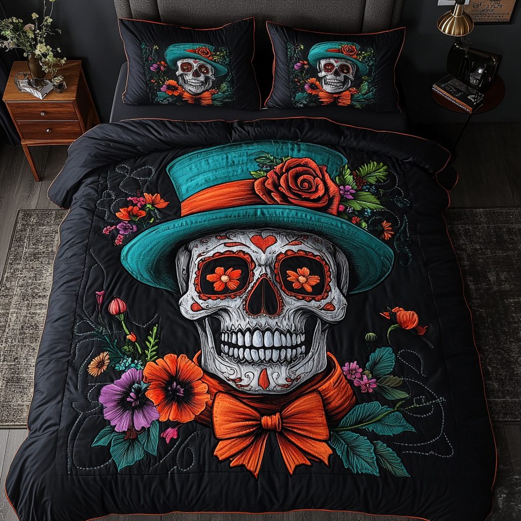 Sugar Bloom quilted 3-piece bedding set on a made bed with two matching pillow shams
