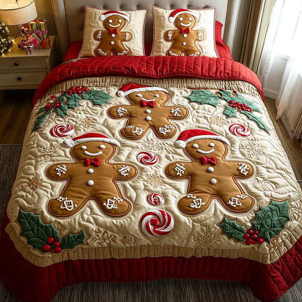 Sugar Cottage Holiday quilted 3-piece bedding set on a made bed in a winter-styled bedroom