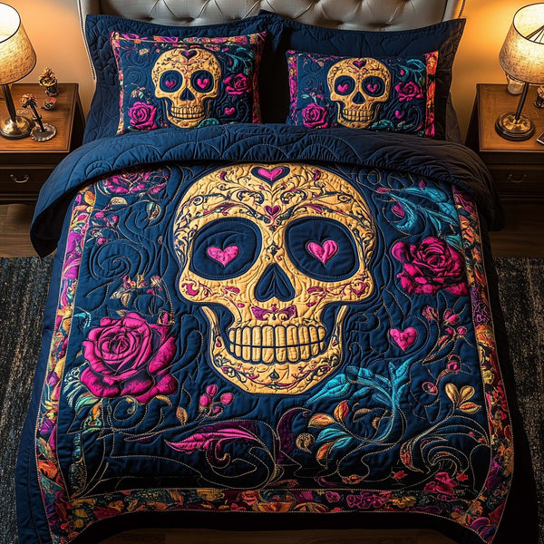 Sugar Heart quilted 3-piece bedding set on a made bed with two matching pillow shams