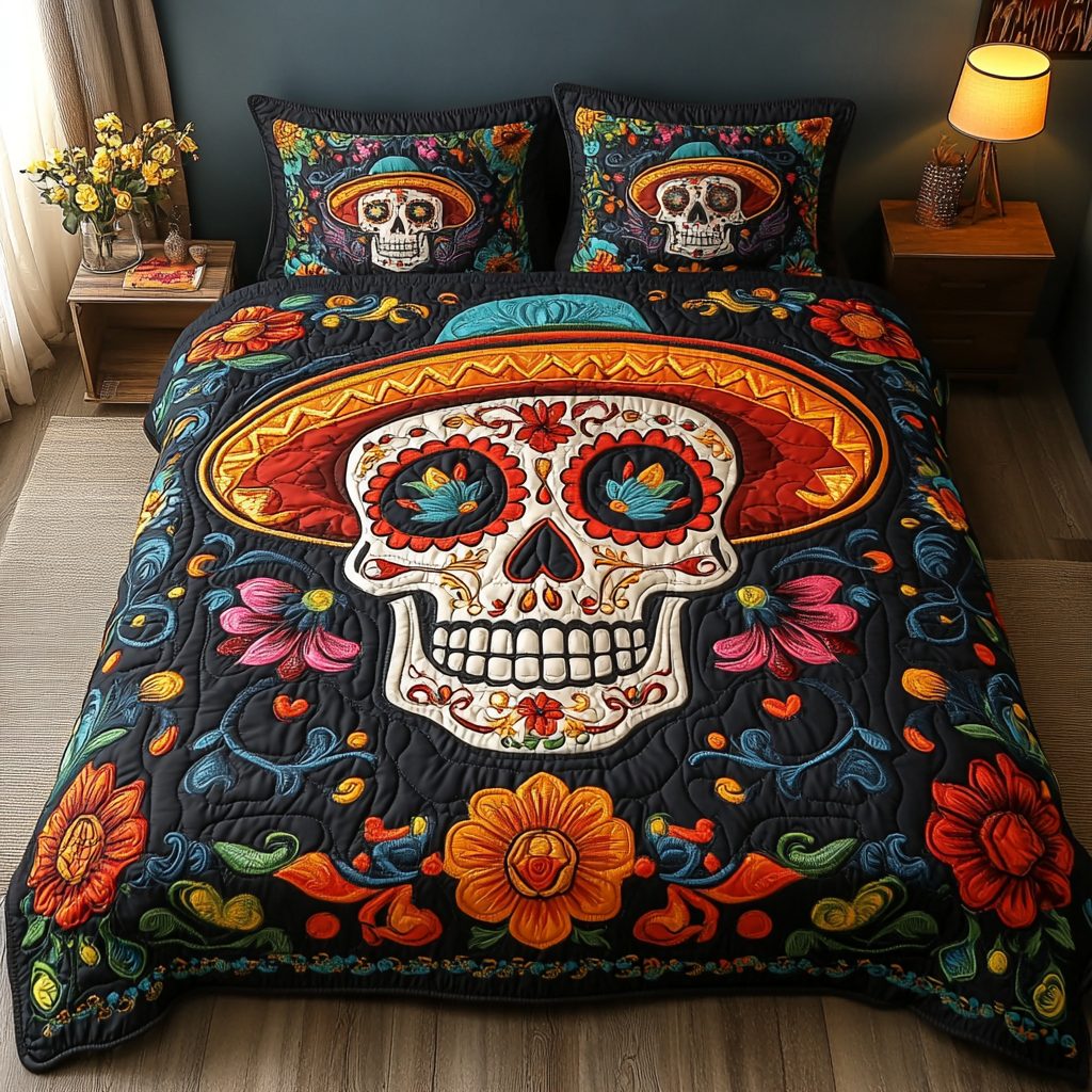 Sugar Nights quilted 3-piece bedding set on a made bed with two matching pillow shams