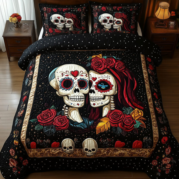 Sugar Skull Couple quilted 3-piece bedding set on a made bed against a dark styled interior