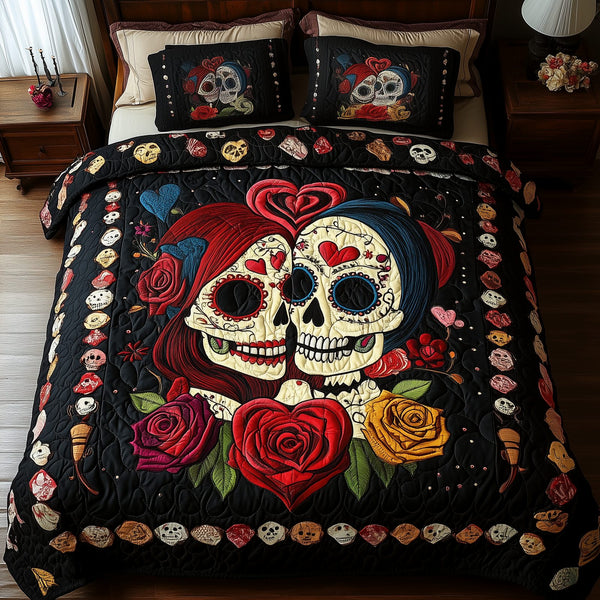 Sugar Skull Couple quilted 3-piece bedding set on a made bed against a dark styled interior