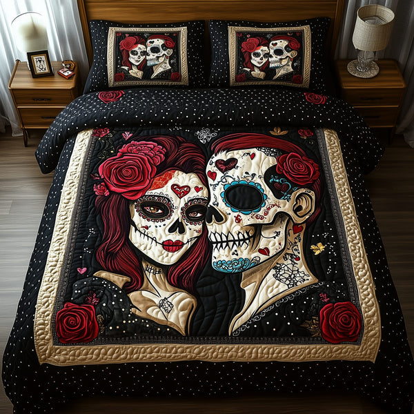 Sugar Skull Couple quilted 3-piece bedding set on a made bed against a dark styled interior