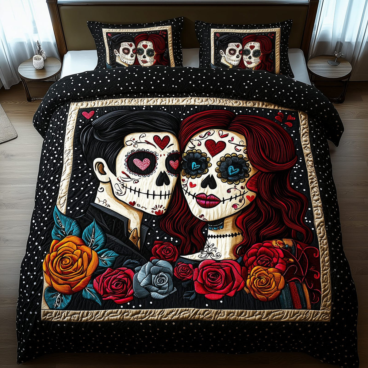 Sugar Skull Couple quilted 3-piece bedding set on a made bed against a dark styled interior