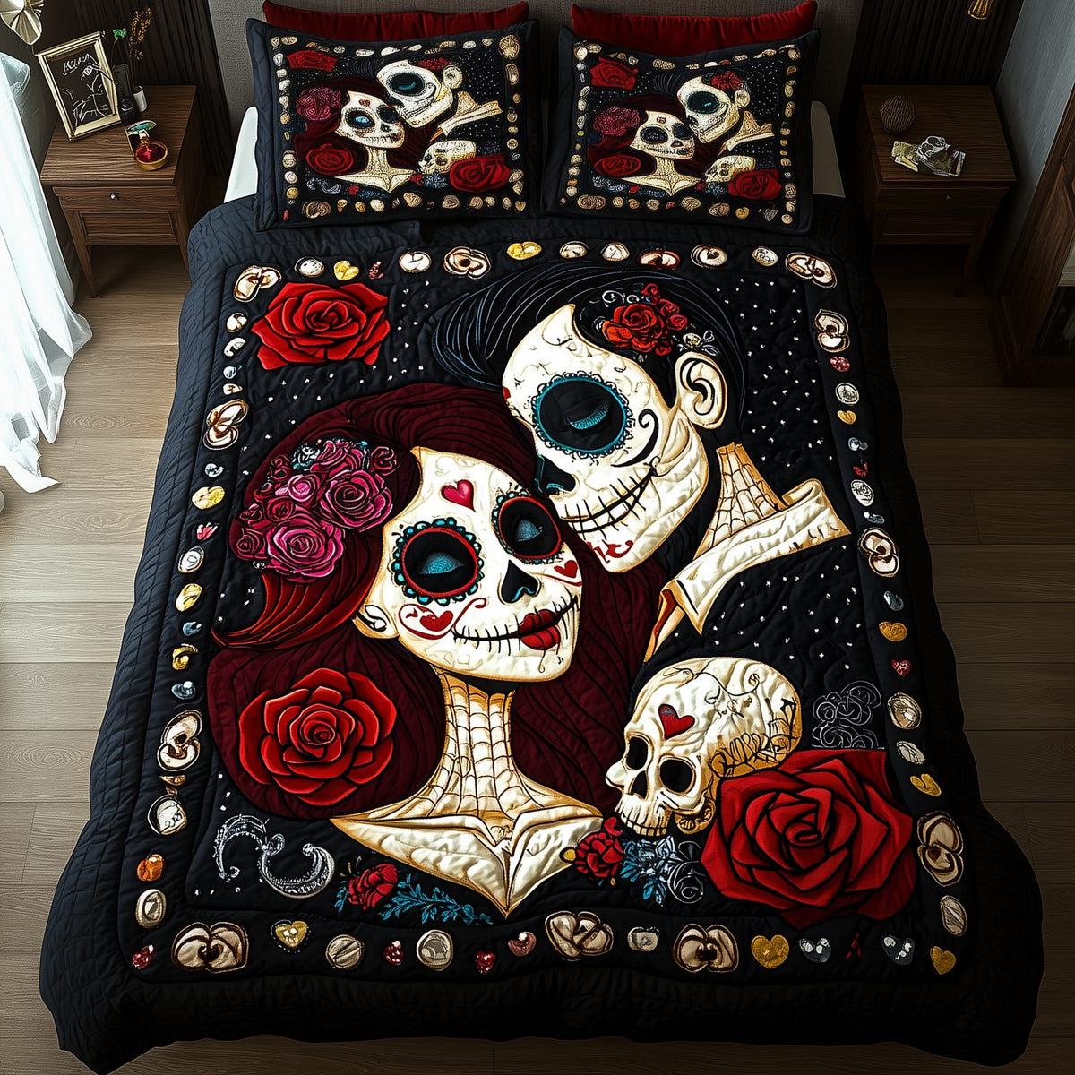Sugar Skull Couple quilted 3-piece bedding set on a made bed against a dark styled interior