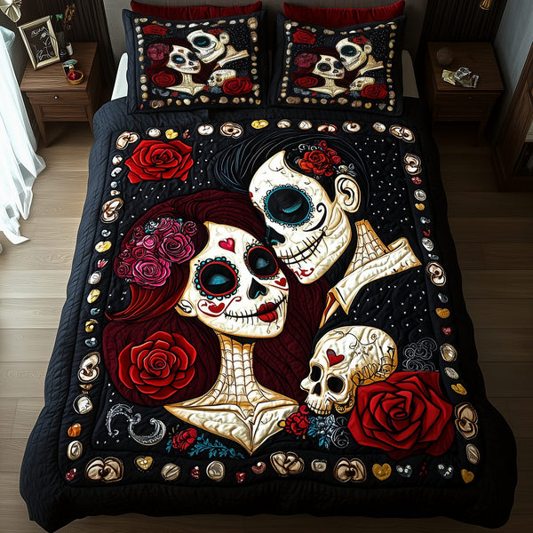 Sugar Skull Couple quilted 3-piece bedding set on a made bed against a dark styled interior