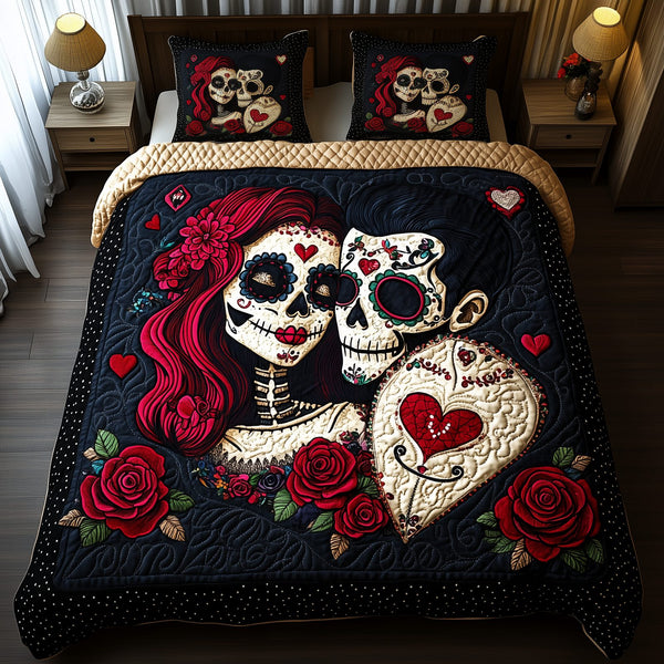 Sugar Skull Couple quilted 3-piece bedding set on a made bed against a dark styled interior