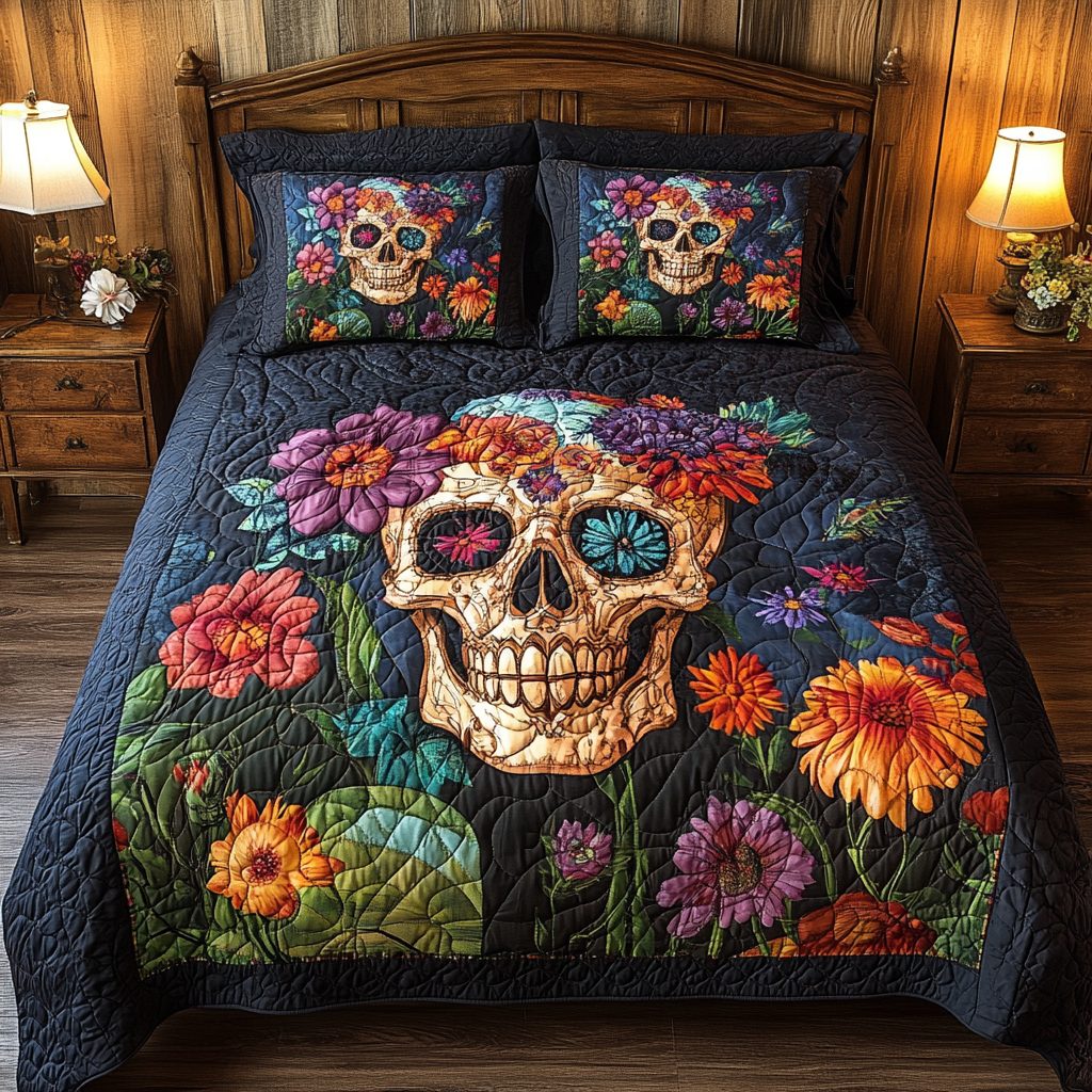 Sugar Skull Delight quilted 3-piece bedding set on a made bed against a dark styled interior