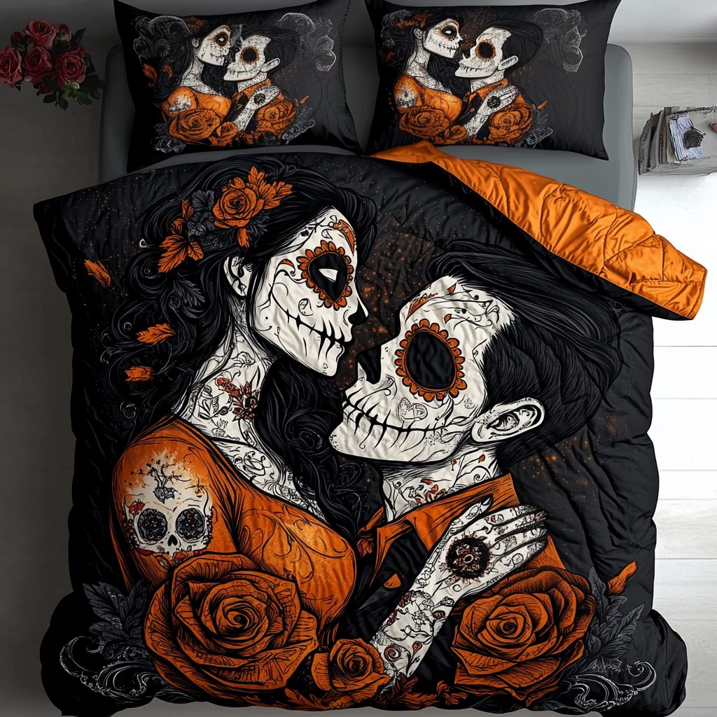 Sugar Skull Lovers quilted 3-piece bedding set on a made bed against a dark styled interior