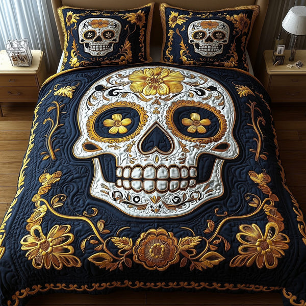 Sugar Skull quilted 3-piece bedding set on a made bed against a dark styled interior