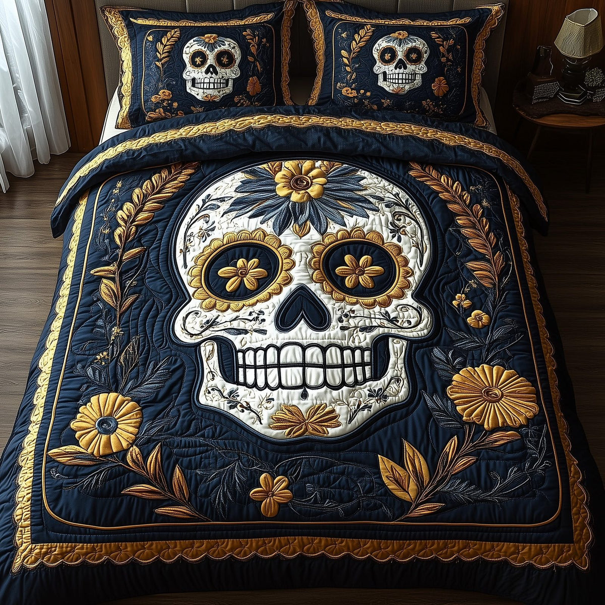 Sugar Skull quilted 3-piece bedding set on a made bed against a dark styled interior