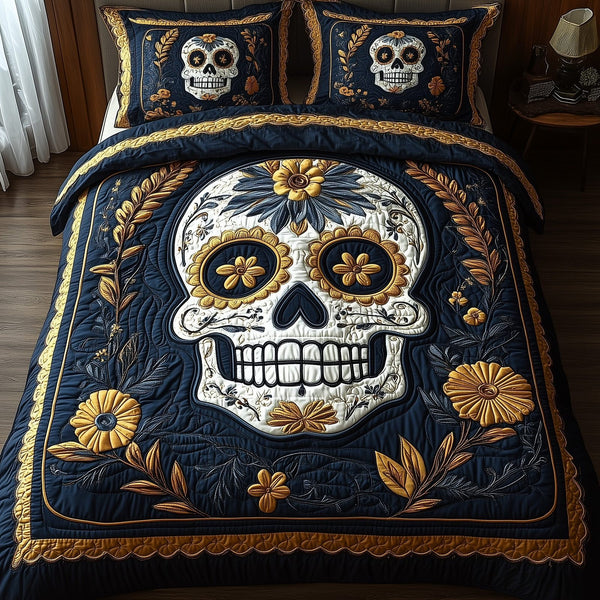 Sugar Skull quilted 3-piece bedding set on a made bed against a dark styled interior