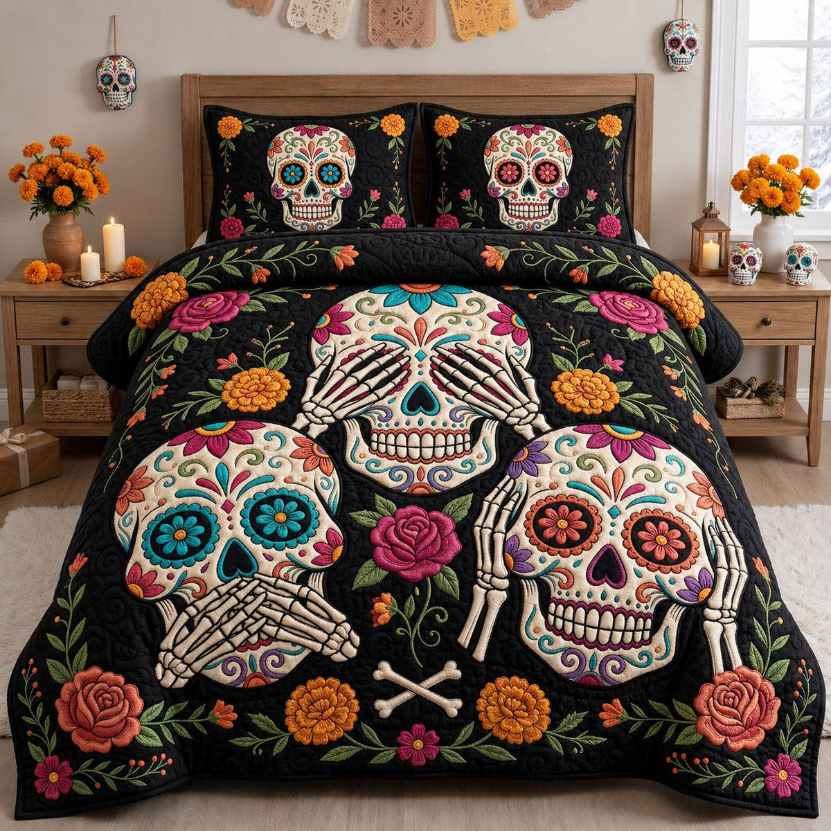 Sugar Skull quilted 3-piece bedding set on a made bed against a dark styled interior