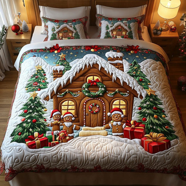 Sugarhouse Snuggle quilted 3-piece bedding set on a made bed with two matching pillow shams