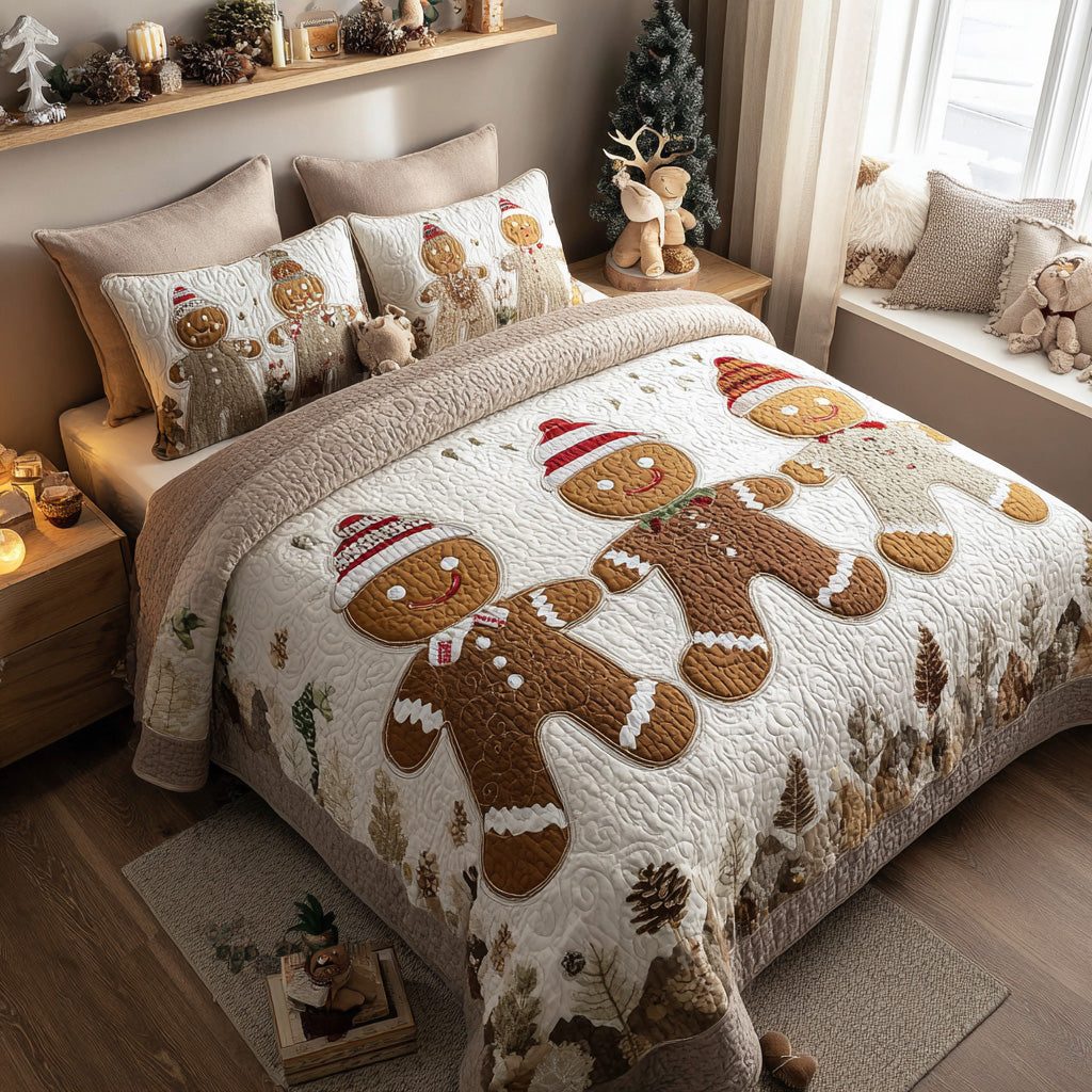Sugarplum Smiles quilted 3-piece bedding set on a made bed with two matching pillow shams