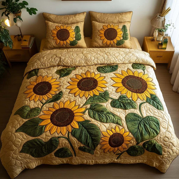 Summer Bloom Harmony quilted 3-piece bedding set on a made bed with two matching pillow shams
