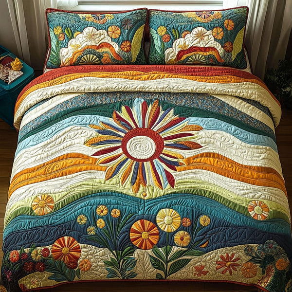 Summer Bloomscape quilted 3-piece bedding set on a made bed with two matching pillow shams